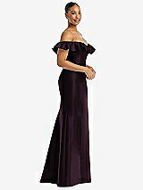 Alt View 4 Thumbnail - Deep Plum Off-the-Shoulder Ruffle Neck Satin Trumpet Gown