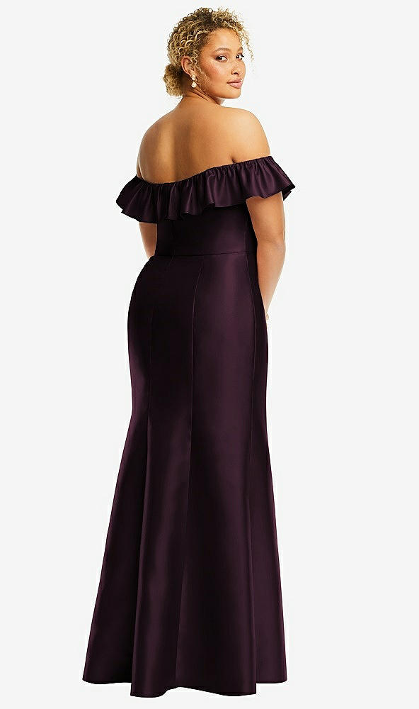 Back View - Deep Plum Off-the-Shoulder Ruffle Neck Satin Trumpet Gown