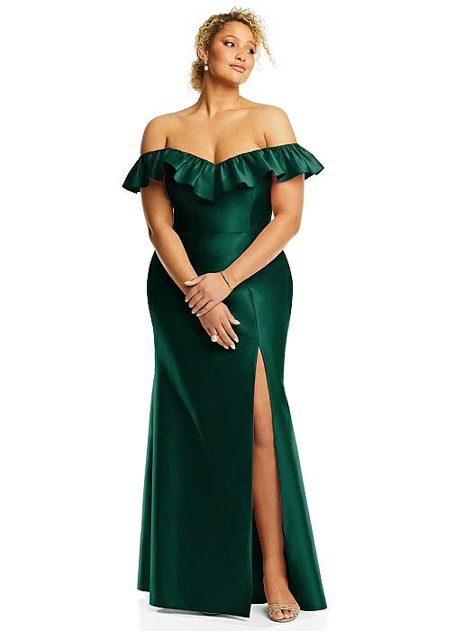 Off-the-Shoulder Ruffle Neck Satin Trumpet Gown