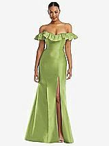 Alt View 3 Thumbnail - Mojito Off-the-Shoulder Ruffle Neck Satin Trumpet Gown
