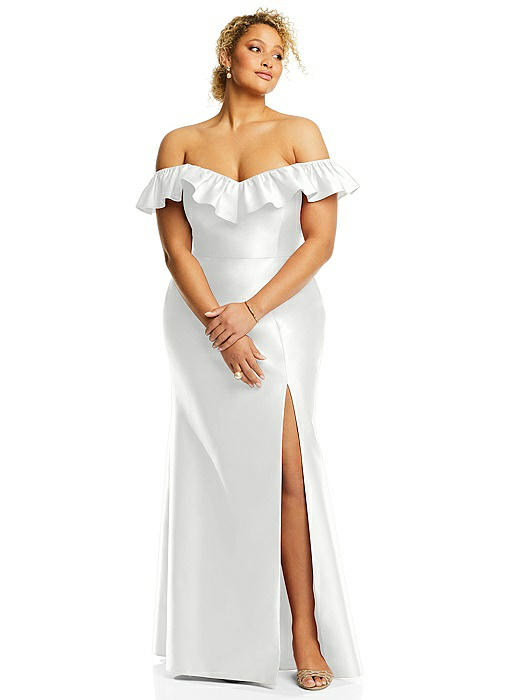 Off-the-Shoulder Ruffle Neck Satin Trumpet Gown