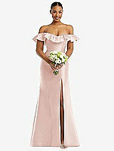 Alt View 2 Thumbnail - Blush Off-the-Shoulder Ruffle Neck Satin Trumpet Gown