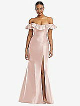 Alt View 3 Thumbnail - Blush Off-the-Shoulder Ruffle Neck Satin Trumpet Gown