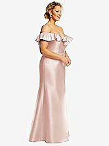Side View Thumbnail - Blush Off-the-Shoulder Ruffle Neck Satin Trumpet Gown