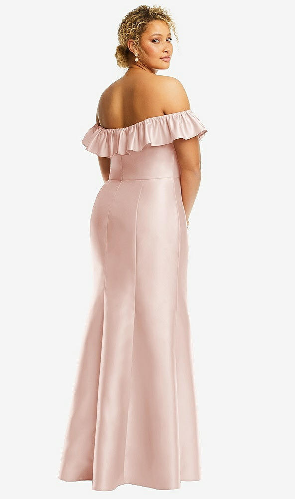 Back View - Blush Off-the-Shoulder Ruffle Neck Satin Trumpet Gown