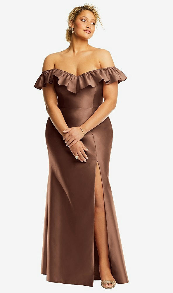Front View - Cognac Off-the-Shoulder Ruffle Neck Satin Trumpet Gown