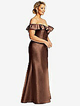 Side View Thumbnail - Cognac Off-the-Shoulder Ruffle Neck Satin Trumpet Gown