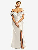 Front View Thumbnail - Ivory Off-the-Shoulder Ruffle Neck Satin Trumpet Gown
