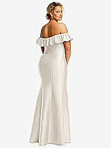 Rear View Thumbnail - Ivory Off-the-Shoulder Ruffle Neck Satin Trumpet Gown