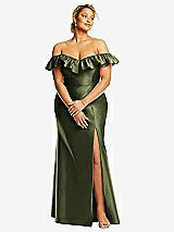 Front View Thumbnail - Olive Green Off-the-Shoulder Ruffle Neck Satin Trumpet Gown