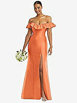Alt View 1 Thumbnail - Portofino Orange Off-the-Shoulder Ruffle Neck Satin Trumpet Gown