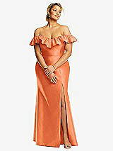 Front View Thumbnail - Portofino Orange Off-the-Shoulder Ruffle Neck Satin Trumpet Gown