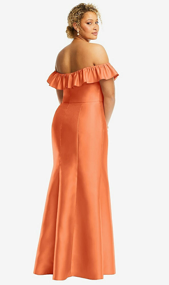 Back View - Portofino Orange Off-the-Shoulder Ruffle Neck Satin Trumpet Gown