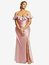 Front View Thumbnail - Rose Off-the-Shoulder Ruffle Neck Satin Trumpet Gown