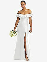 Alt View 1 Thumbnail - White Off-the-Shoulder Ruffle Neck Satin Trumpet Gown