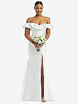 Alt View 2 Thumbnail - White Off-the-Shoulder Ruffle Neck Satin Trumpet Gown