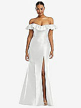Alt View 3 Thumbnail - White Off-the-Shoulder Ruffle Neck Satin Trumpet Gown