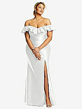 Front View Thumbnail - White Off-the-Shoulder Ruffle Neck Satin Trumpet Gown