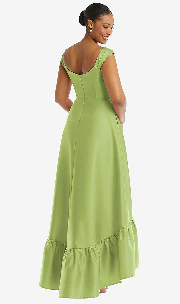 Back View - Mojito Cap Sleeve Deep Ruffle Hem Satin High Low Dress with Pockets