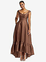 Front View Thumbnail - Cognac Cap Sleeve Deep Ruffle Hem Satin High Low Dress with Pockets