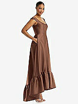 Side View Thumbnail - Cognac Cap Sleeve Deep Ruffle Hem Satin High Low Dress with Pockets