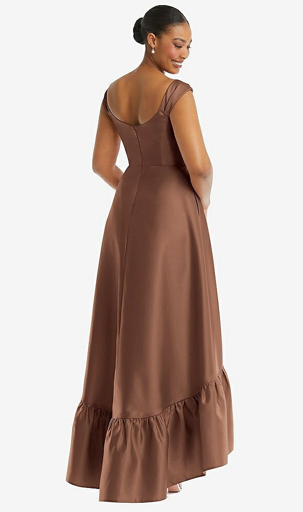 Back View - Cognac Cap Sleeve Deep Ruffle Hem Satin High Low Dress with Pockets