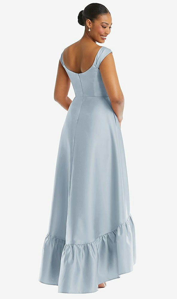 Back View - Mist Cap Sleeve Deep Ruffle Hem Satin High Low Dress with Pockets