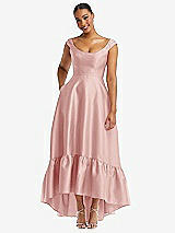 Front View Thumbnail - Rose Cap Sleeve Deep Ruffle Hem Satin High Low Dress with Pockets