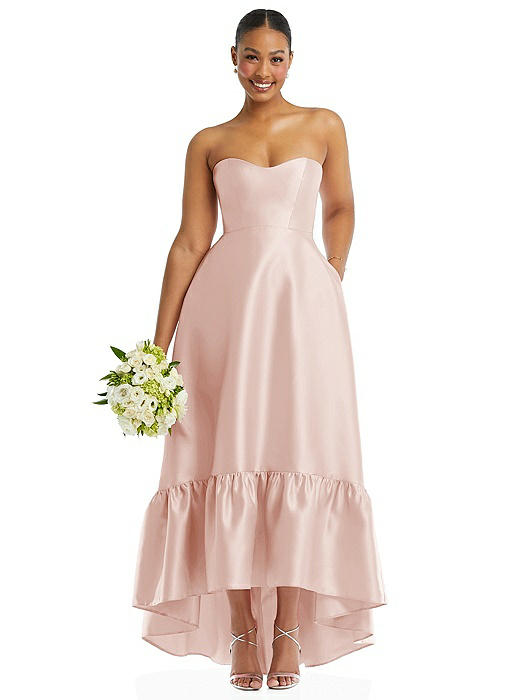 Strapless Deep Ruffle Hem Satin High Low Dress with Pockets