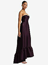 Side View Thumbnail - Deep Plum Strapless Deep Ruffle Hem Satin High Low Dress with Pockets