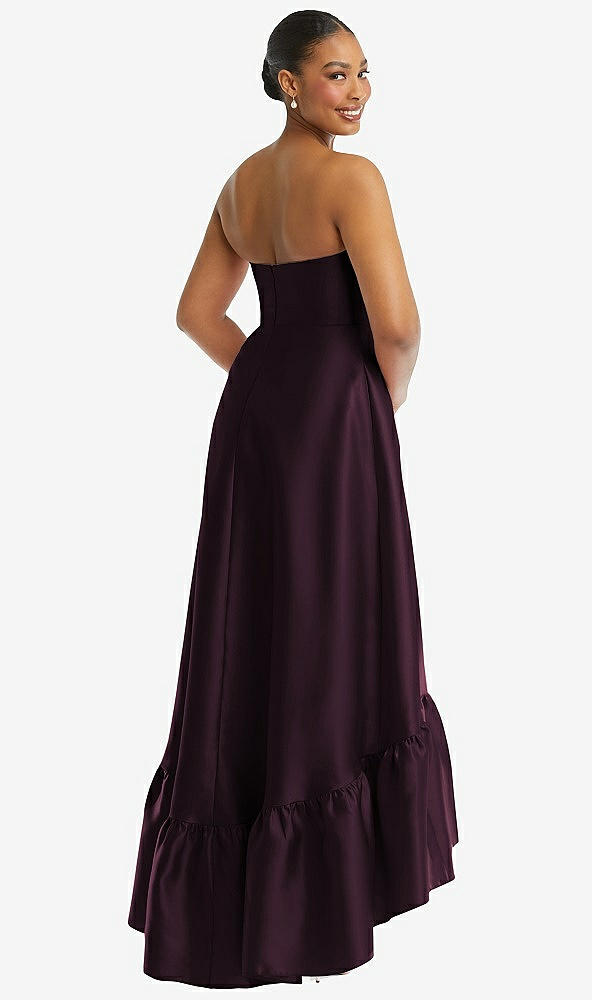Back View - Deep Plum Strapless Deep Ruffle Hem Satin High Low Dress with Pockets