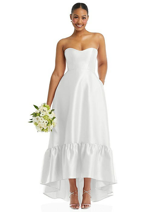 Strapless Deep Ruffle Hem Satin High Low Dress with Pockets