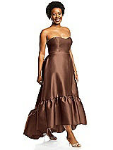 Alt View 2 Thumbnail - Cognac Strapless Deep Ruffle Hem Satin High Low Dress with Pockets