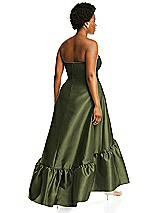 Alt View 3 Thumbnail - Olive Green Strapless Deep Ruffle Hem Satin High Low Dress with Pockets