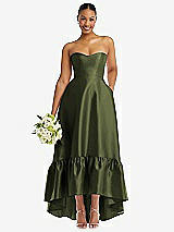 Front View Thumbnail - Olive Green Strapless Deep Ruffle Hem Satin High Low Dress with Pockets