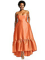 Alt View 1 Thumbnail - Portofino Orange Strapless Deep Ruffle Hem Satin High Low Dress with Pockets
