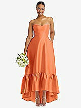 Front View Thumbnail - Portofino Orange Strapless Deep Ruffle Hem Satin High Low Dress with Pockets