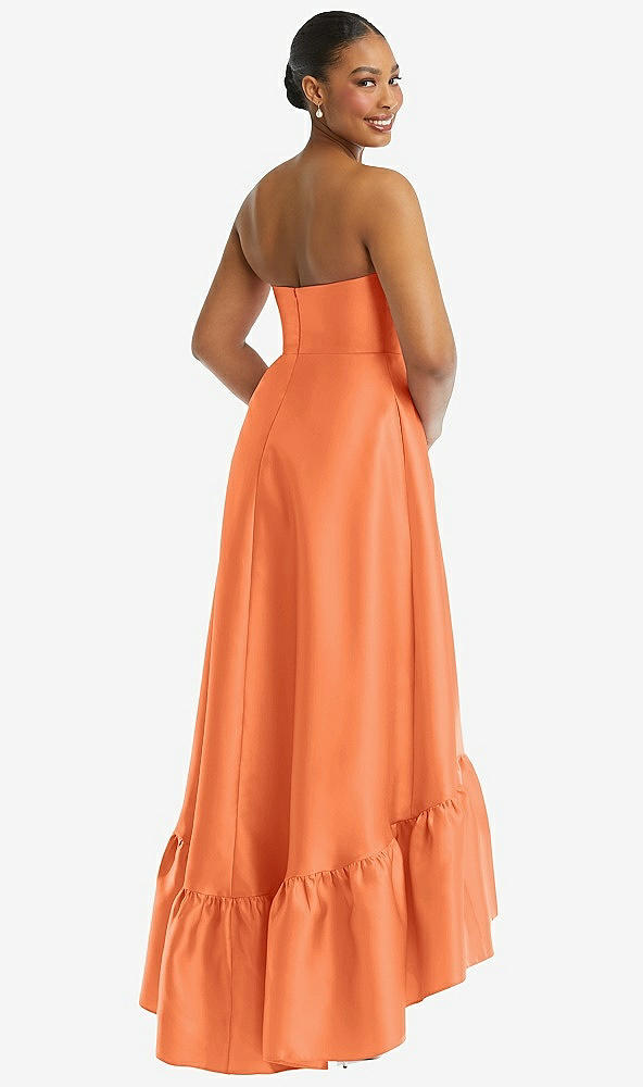 Back View - Portofino Orange Strapless Deep Ruffle Hem Satin High Low Dress with Pockets