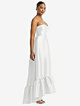 Side View Thumbnail - White Strapless Deep Ruffle Hem Satin High Low Dress with Pockets