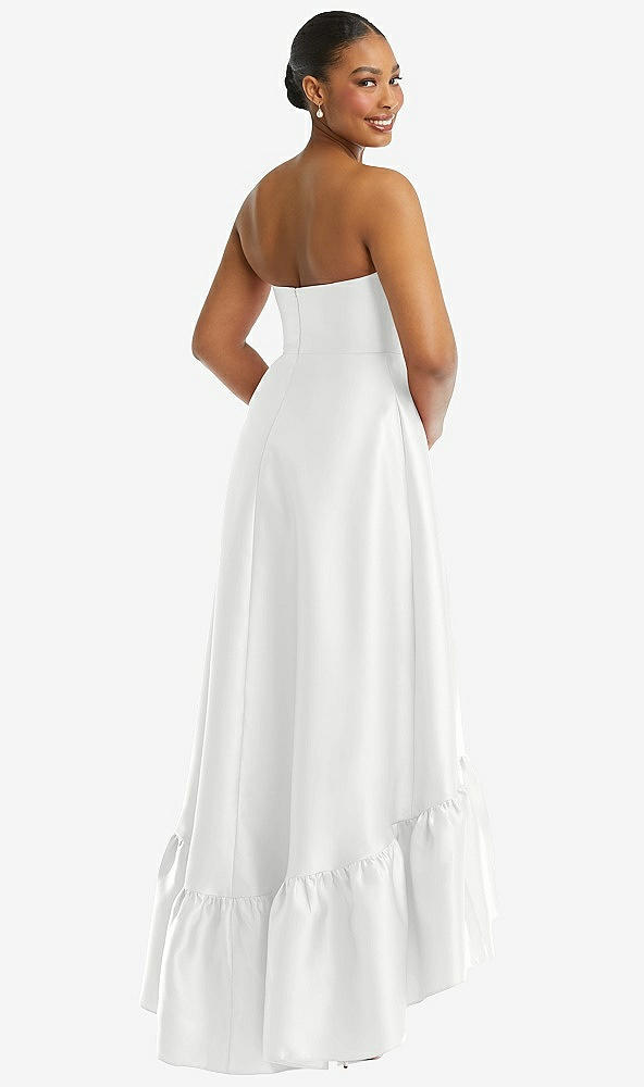 Back View - White Strapless Deep Ruffle Hem Satin High Low Dress with Pockets