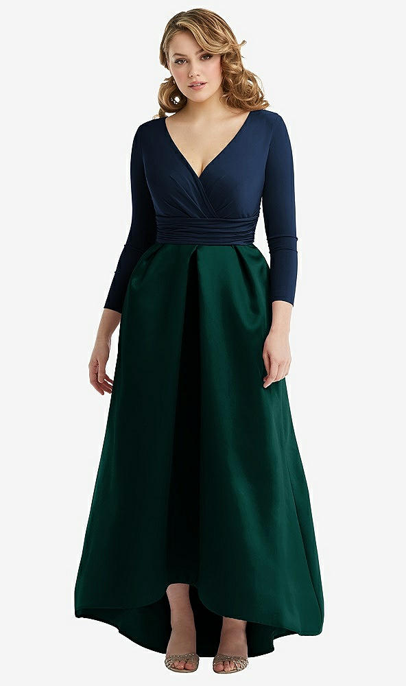 Front View - Evergreen & Midnight Navy Long Sleeve Wrap Dress with High Low Full Skirt and Pockets