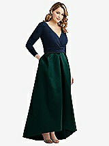 Side View Thumbnail - Evergreen & Midnight Navy Long Sleeve Wrap Dress with High Low Full Skirt and Pockets