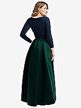 Rear View Thumbnail - Evergreen & Midnight Navy Long Sleeve Wrap Dress with High Low Full Skirt and Pockets
