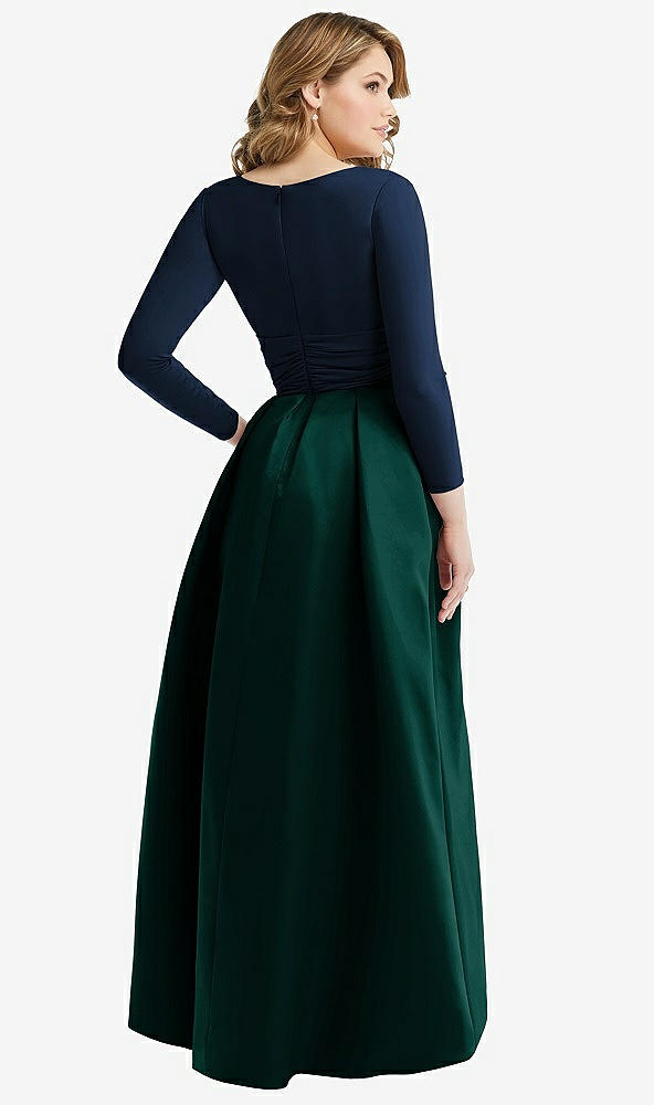 Back View - Evergreen & Midnight Navy Long Sleeve Wrap Dress with High Low Full Skirt and Pockets
