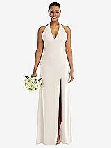 Alt View 2 Thumbnail - Ivory Plunge Neck Halter Backless Trumpet Gown with Front Slit