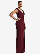 Side View Thumbnail - Cabernet Deep V-Neck Closed Back Crepe Trumpet Gown with Front Slit