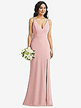 Alt View 1 Thumbnail - Rose Skinny Strap Deep V-Neck Crepe Trumpet Gown with Front Slit