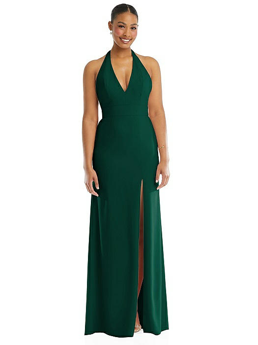 Plunge Neck Halter Backless Trumpet Gown with Front Slit