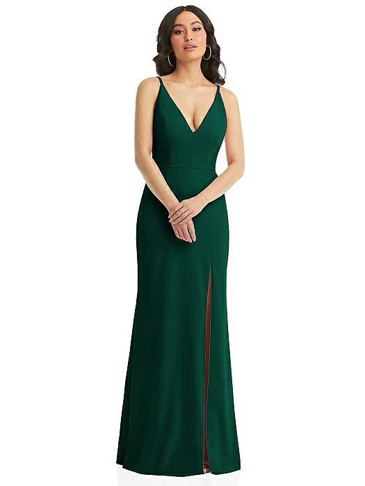 Skinny Strap Deep V-Neck Crepe Trumpet Gown with Front Slit