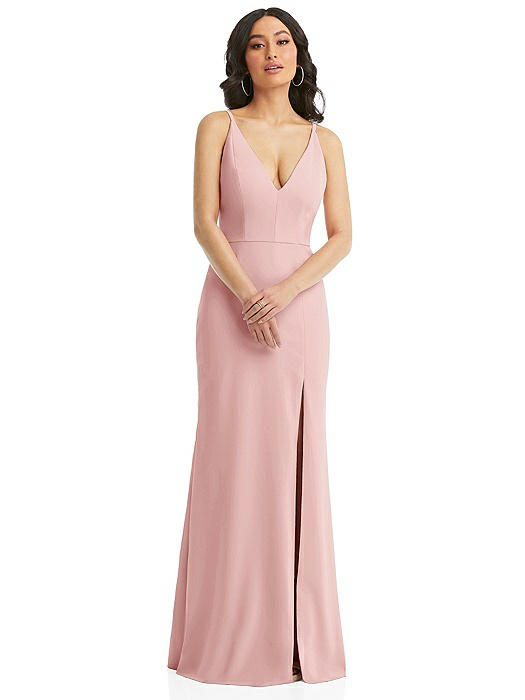 Skinny Strap Deep V-Neck Crepe Trumpet Gown with Front Slit